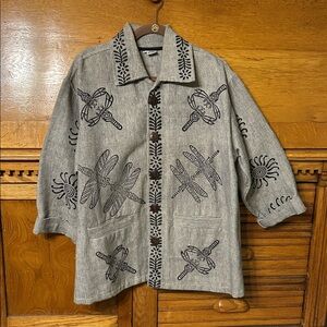 Venus Imports Gray Black Dragonfly Print Canvas Jacket Boho 80s Y2K Size Medium